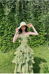 Pretty Irregular Ruffled Spaghetti Straps Green Semi Formal Prom Dresses With Detachable Rose Long Birthday Dress For Women