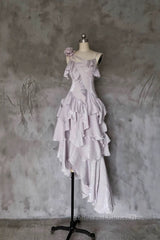Pretty Irregular Ruffled Suspender Semi Formal Prom Dresses With Detachable Rose Long Birthday Dress For Women