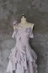 Pretty Irregular Ruffled Suspender Semi Formal Prom Dresses With Detachable Rose Long Birthday Dress For Women