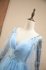 Pretty Light Blue A-Line Puffy Sleeves Party Dress, Light Blue Evening Dress Semi Formal Prom Dress
