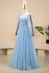 Pretty Light Blue A-Line Puffy Sleeves Party Dress, Light Blue Evening Dress Semi Formal Prom Dress