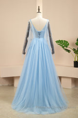Pretty Light Blue A-Line Puffy Sleeves Party Dress, Light Blue Evening Dress Semi Formal Prom Dress