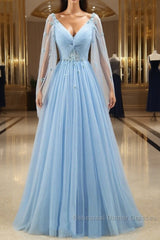 Pretty Light Blue A-Line Puffy Sleeves Party Dress, Light Blue Evening Dress Semi Formal Prom Dress