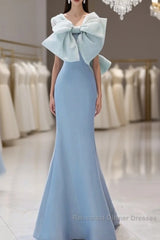 Pretty Mermaid Blue Satin Long Evening Dress Semi Formal Prom Dresses