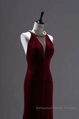 Pretty Mermaid Burgundy Velvet Long Backless Evening Dress Semi Formal Prom Dresses