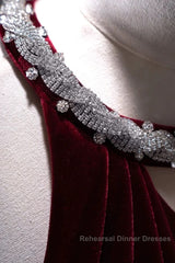 Pretty Mermaid Burgundy Velvet Long Backless Evening Dress Semi Formal Prom Dresses