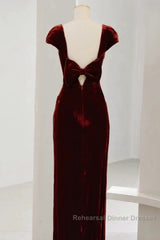 Pretty Mermaid Burgundy Velvet Slit Evening Dress Semi Formal Prom Dresses