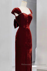 Pretty Mermaid Burgundy Velvet Slit Evening Dress Semi Formal Prom Dresses