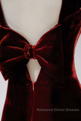 Pretty Mermaid Burgundy Velvet Slit Evening Dress Semi Formal Prom Dresses