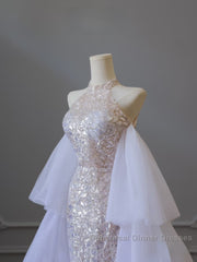 Pretty Mermaid High Neckline Sequin Beads Long Semi Formal Prom Dresses Formal Evening Dress