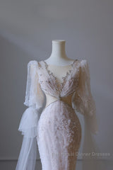Pretty Mermaid Long Sleeves Pink Semi Formal Prom Dresses Evening Gowns