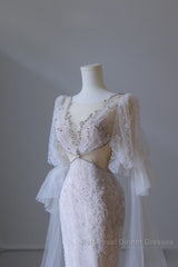 Pretty Mermaid Long Sleeves Pink Semi Formal Prom Dresses Evening Gowns