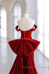 Pretty Mermaid Off The Shoulder Burgundy Satin Long Evening Dress Semi Formal Prom Dresses