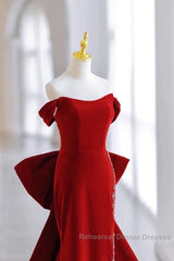 Pretty Mermaid Off The Shoulder Burgundy Satin Long Evening Dress Semi Formal Prom Dresses