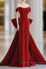Pretty Mermaid Off The Shoulder Burgundy Satin Long Evening Dress Semi Formal Prom Dresses