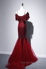 Pretty Mermaid Off The Shoulder Burgundy Sequin Long Evening Dress Semi Formal Prom Dresses