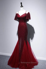 Pretty Mermaid Off The Shoulder Burgundy Sequin Long Evening Dress Semi Formal Prom Dresses