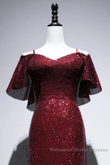 Pretty Mermaid Off The Shoulder Burgundy Sequin Long Evening Dress Semi Formal Prom Dresses