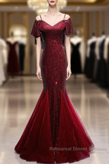 Pretty Mermaid Off The Shoulder Burgundy Sequin Long Evening Dress Semi Formal Prom Dresses