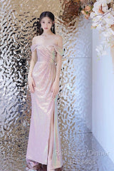 Pretty Mermaid Off The Shoulder Pink Sequin Long Evening Dress Semi Formal Prom Dresses
