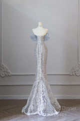 Pretty Mermaid Off The Shoulder Sequin Blue Long Semi Formal Prom Dresses Evening Gowns