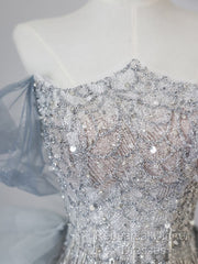 Pretty Mermaid Off The Shoulder Sequin Blue Long Semi Formal Prom Dresses Evening Gowns