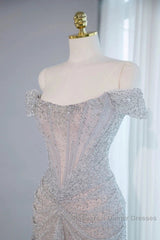 Pretty Mermaid Off The Shoulder Silver Sequin Evening Dress Semi Formal Prom Dresses
