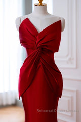 Pretty Mermaid One Shoulder Red Satin Long Evening Dress Semi Formal Prom Dresses