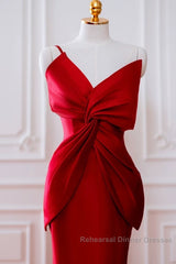 Pretty Mermaid One Shoulder Red Satin Long Evening Dress Semi Formal Prom Dresses