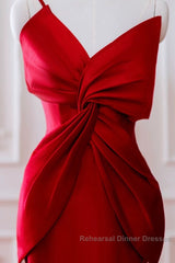 Pretty Mermaid One Shoulder Red Satin Long Evening Dress Semi Formal Prom Dresses