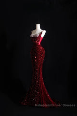 Pretty Mermaid Spaghetti Straps Sequin Beads Burgundy Long Semi Formal Prom Dresses Formal Evening Dress