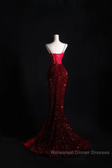 Pretty Mermaid Spaghetti Straps Sequin Beads Burgundy Long Semi Formal Prom Dresses Formal Evening Dress