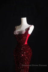 Pretty Mermaid Spaghetti Straps Sequin Beads Burgundy Long Semi Formal Prom Dresses Formal Evening Dress