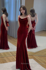 Pretty Mermaid Spaghetti Straps Wine Red Velvet Long Evening Dress Semi Formal Prom Dresses