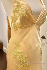 Pretty Mermaid Spaghetti Straps Yellow Backless Long Party Dresses Semi Formal Prom Dresses