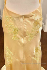 Pretty Mermaid Spaghetti Straps Yellow Backless Long Party Dresses Semi Formal Prom Dresses