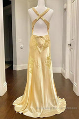 Pretty Mermaid Spaghetti Straps Yellow Backless Long Party Dresses Semi Formal Prom Dresses