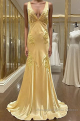 Pretty Mermaid Spaghetti Straps Yellow Backless Long Party Dresses Semi Formal Prom Dresses