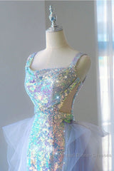 Pretty Mermaid Square Neckline Sequin Long Evening Dress Semi Formal Prom Dresses