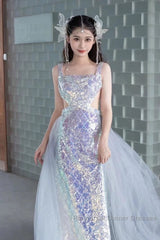 Pretty Mermaid Square Neckline Sequin Long Evening Dress Semi Formal Prom Dresses