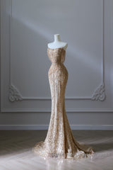 Pretty Mermaid Strapless Gold Sequin Beads Long Semi Formal Prom Dresses Formal Evening Dress
