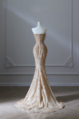 Pretty Mermaid Strapless Gold Sequin Beads Long Semi Formal Prom Dresses Formal Evening Dress