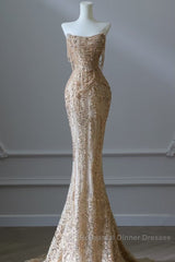 Pretty Mermaid Strapless Gold Sequin Beads Long Semi Formal Prom Dresses Formal Evening Dress