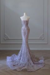 Pretty Mermaid Strapless Lilac Sequin Beads Long Semi Formal Prom Dresses Formal Evening Dress