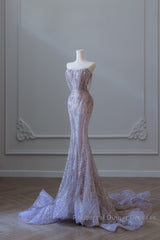 Pretty Mermaid Strapless Lilac Sequin Beads Long Semi Formal Prom Dresses Formal Evening Dress