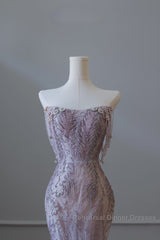 Pretty Mermaid Strapless Lilac Sequin Beads Long Semi Formal Prom Dresses Formal Evening Dress