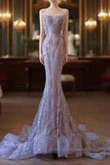 Pretty Mermaid Strapless Lilac Sequin Beads Long Semi Formal Prom Dresses Formal Evening Dress