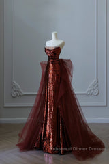 Pretty Mermaid Strapless Sequin Long Burgundy Ruffles Long Semi Formal Prom Dresses Formal Evening Dress