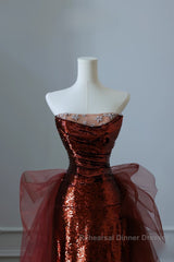Pretty Mermaid Strapless Sequin Long Burgundy Ruffles Long Semi Formal Prom Dresses Formal Evening Dress