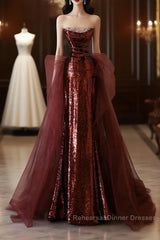 Pretty Mermaid Strapless Sequin Long Burgundy Ruffles Long Semi Formal Prom Dresses Formal Evening Dress